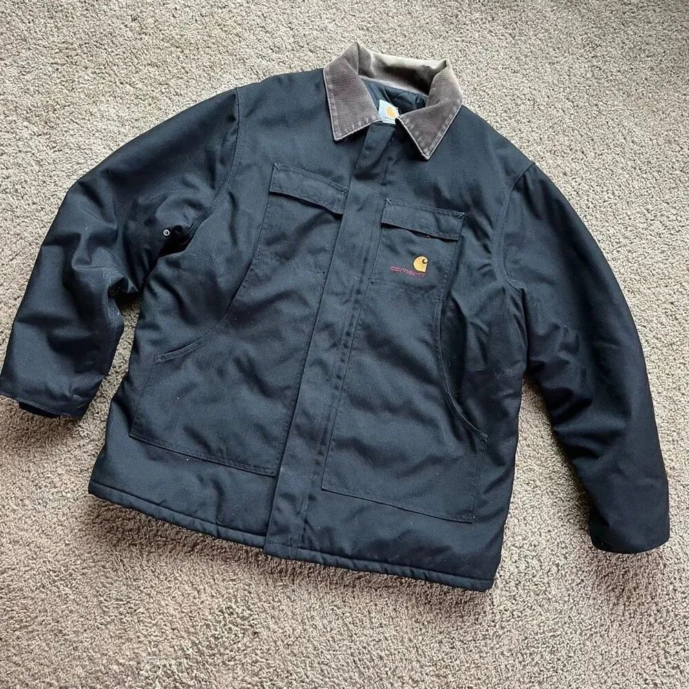 VTG Carhartt C14 Black Workwear Coat L/XL Rugged Faded Nylon, Cord Collar